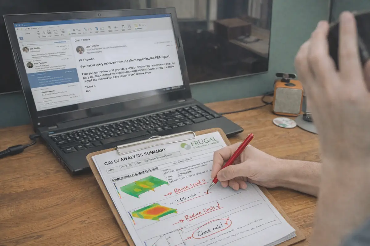 Laptop with email queries, marked-up engineering notes and hand sketches during an ongoing technical review